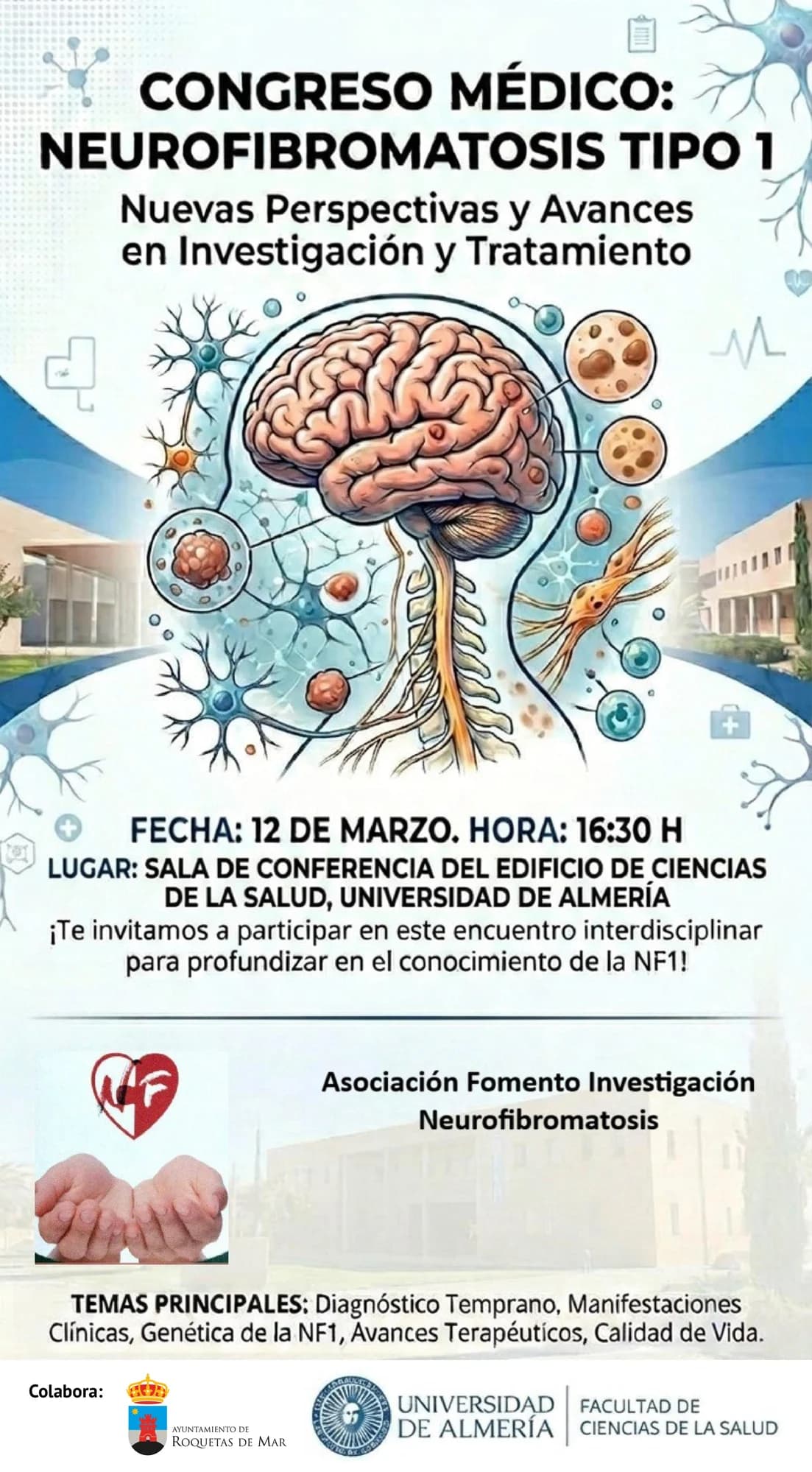 Cartel del congreso sobre neurofibromatosis tipo 1, con la fecha, el lugar y los temas del programa