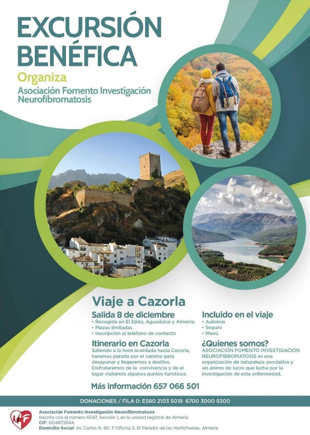 Cartel de la excursión benéfica a Cazorla, con la fecha de salida, los puntos de recogida y lo que incluye el viaje